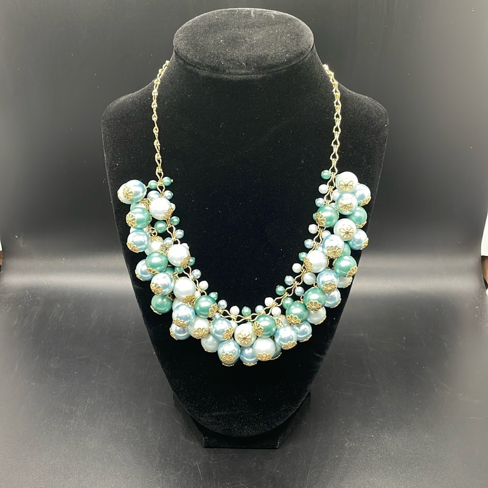 Kate Spade Blue & Green Pearl Cluster Bib Statement Necklace